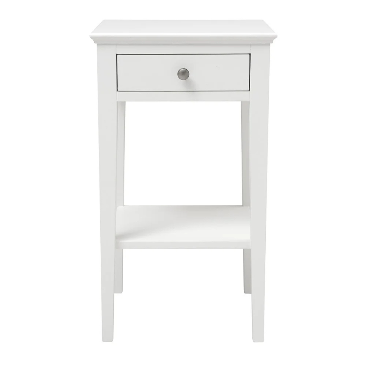 a white slim bedside table with a single drawer and shelf