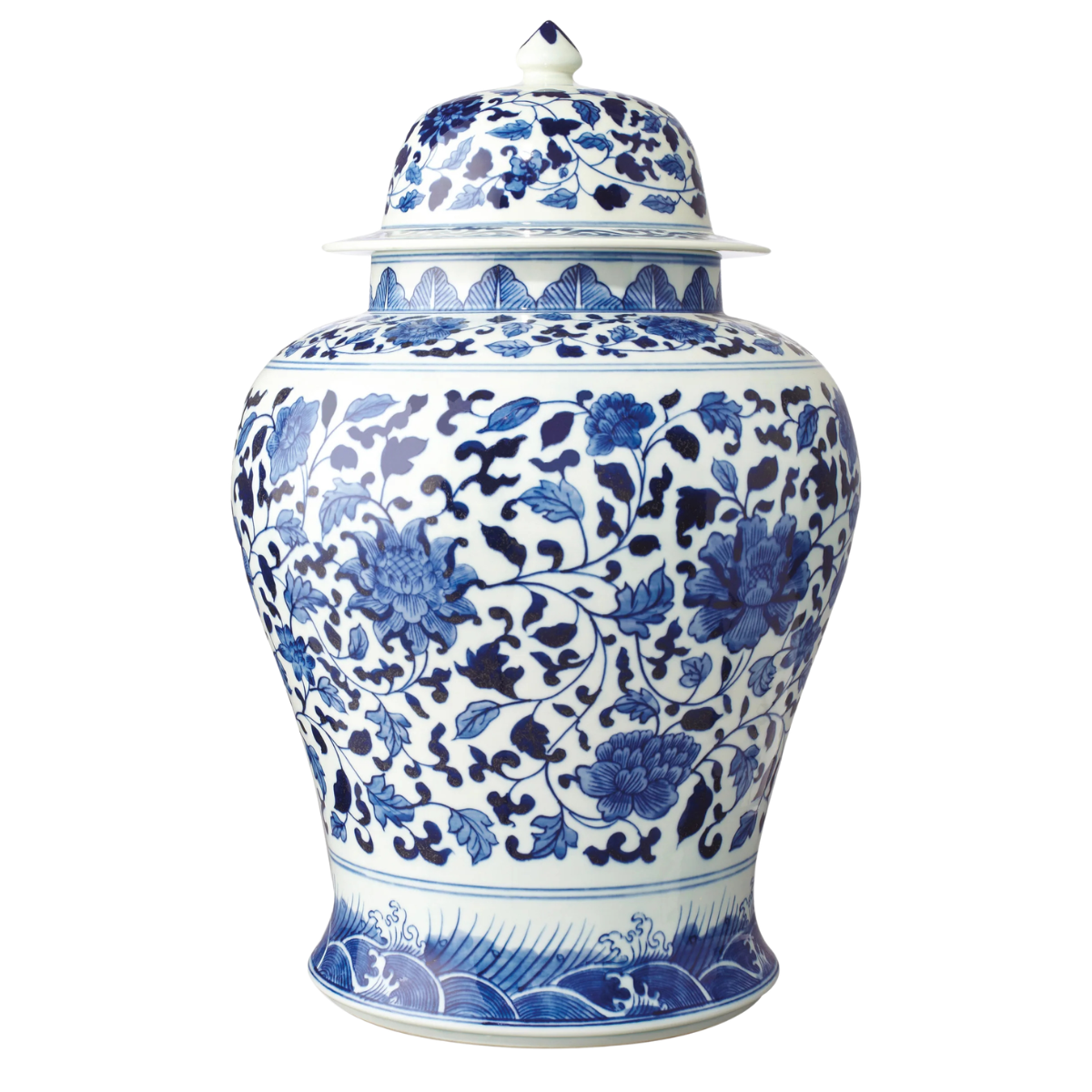 large blue and white floral jar with lid