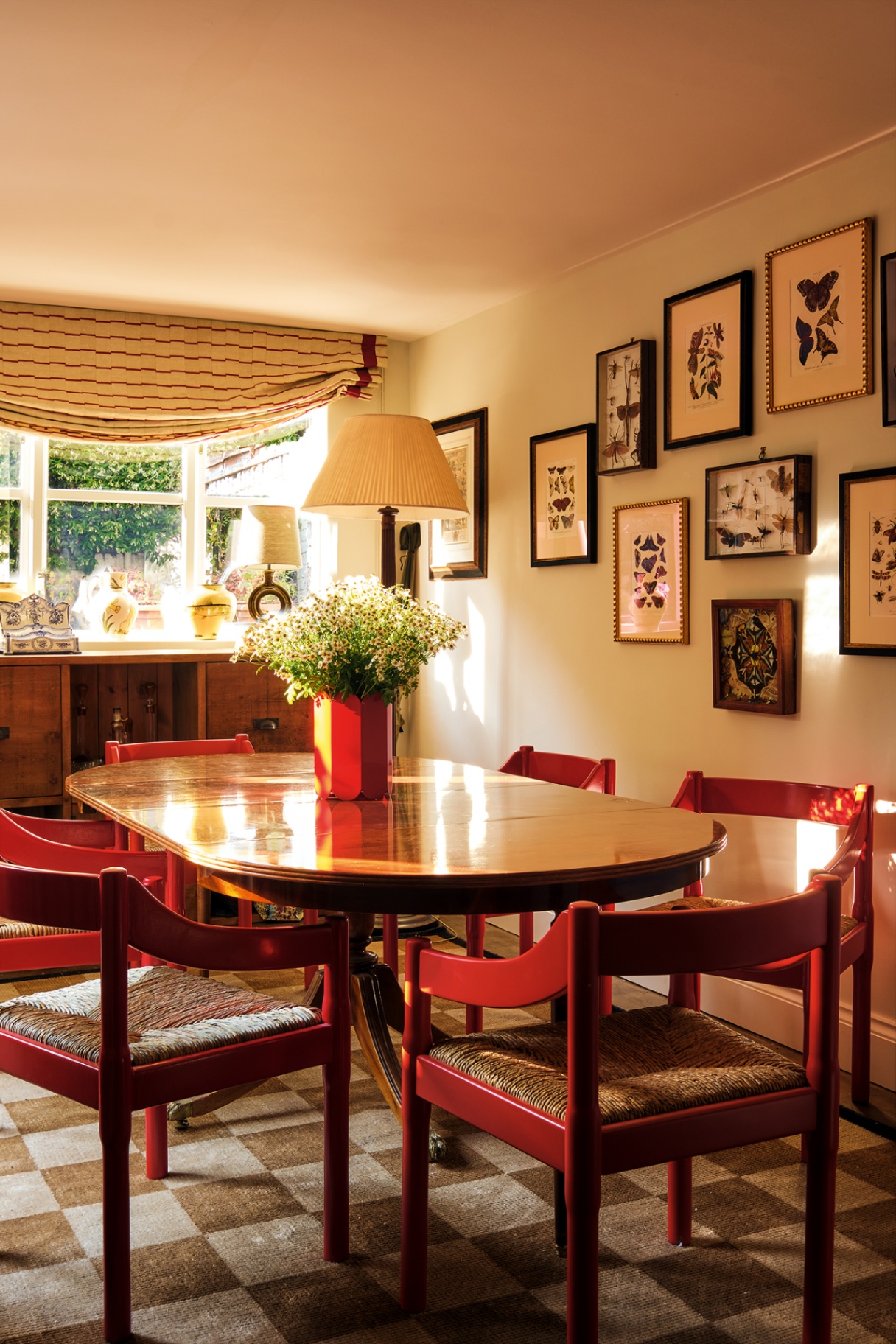 a dining area with a polished oval wooden table surrounded by red lacquer and rush dining chairs, all say on a brown and white checkerboard rug. Artworks depicting butterflies hang on the right wall and a relaxed blind dresses the far window