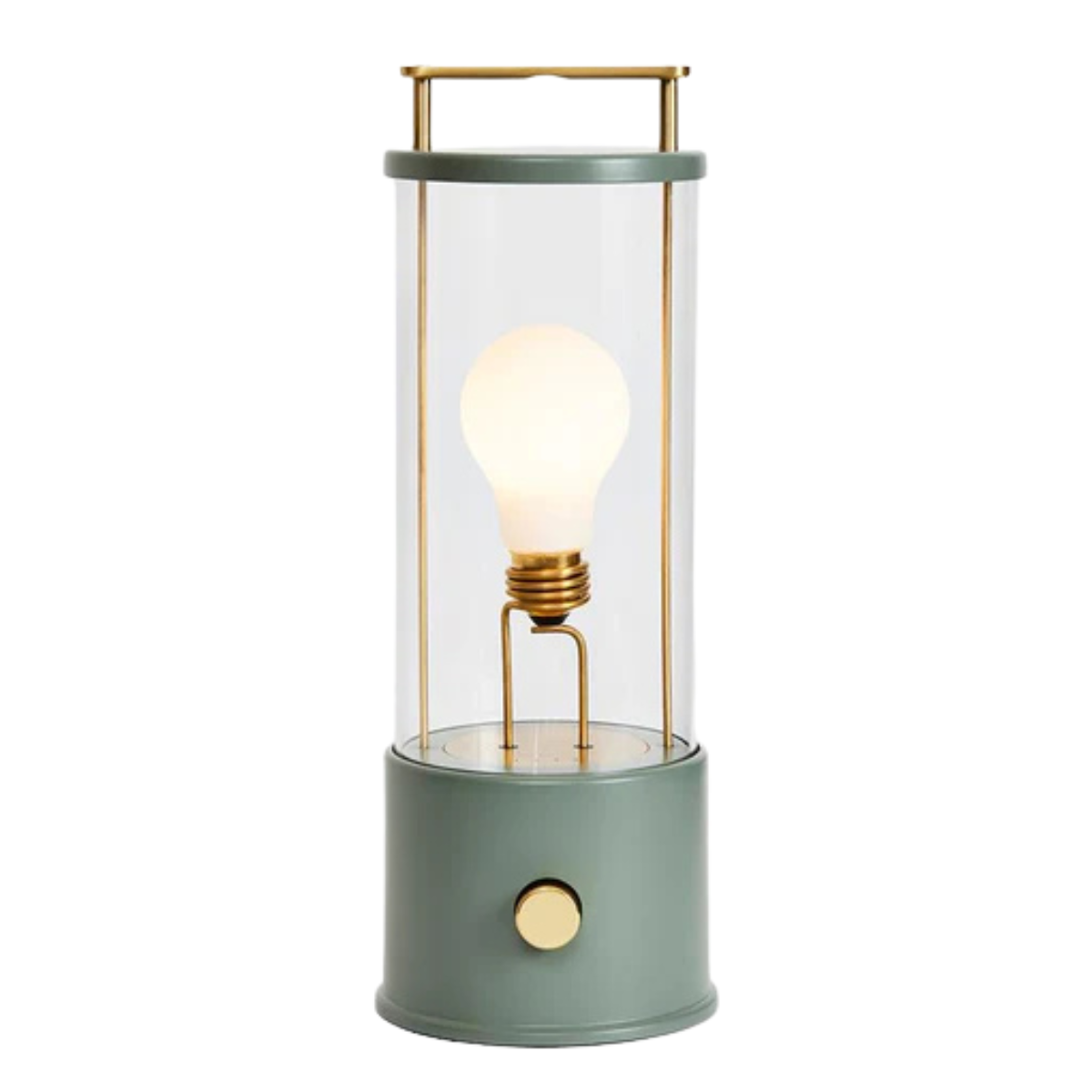 a lantern style outdoor lamp in a sage green colour with glass and gold hardware