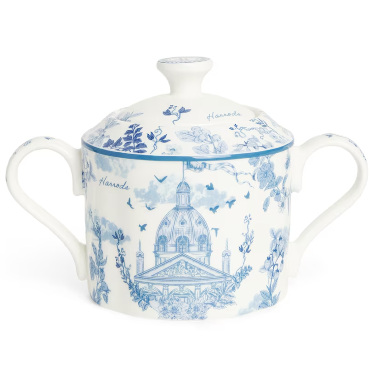 blue and white patterned bone china sugar pot