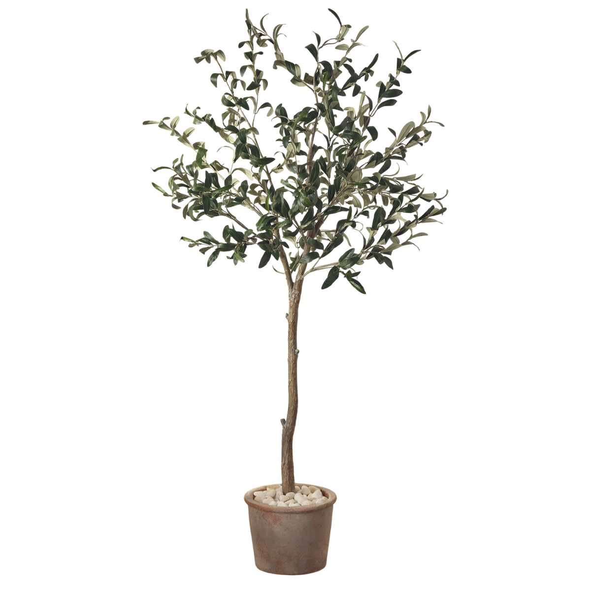large faux olive tree in a brown pot
