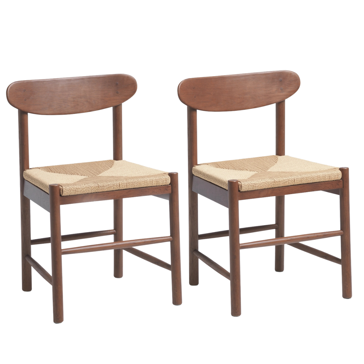 a pair of wood dining chairs with beige woven seats