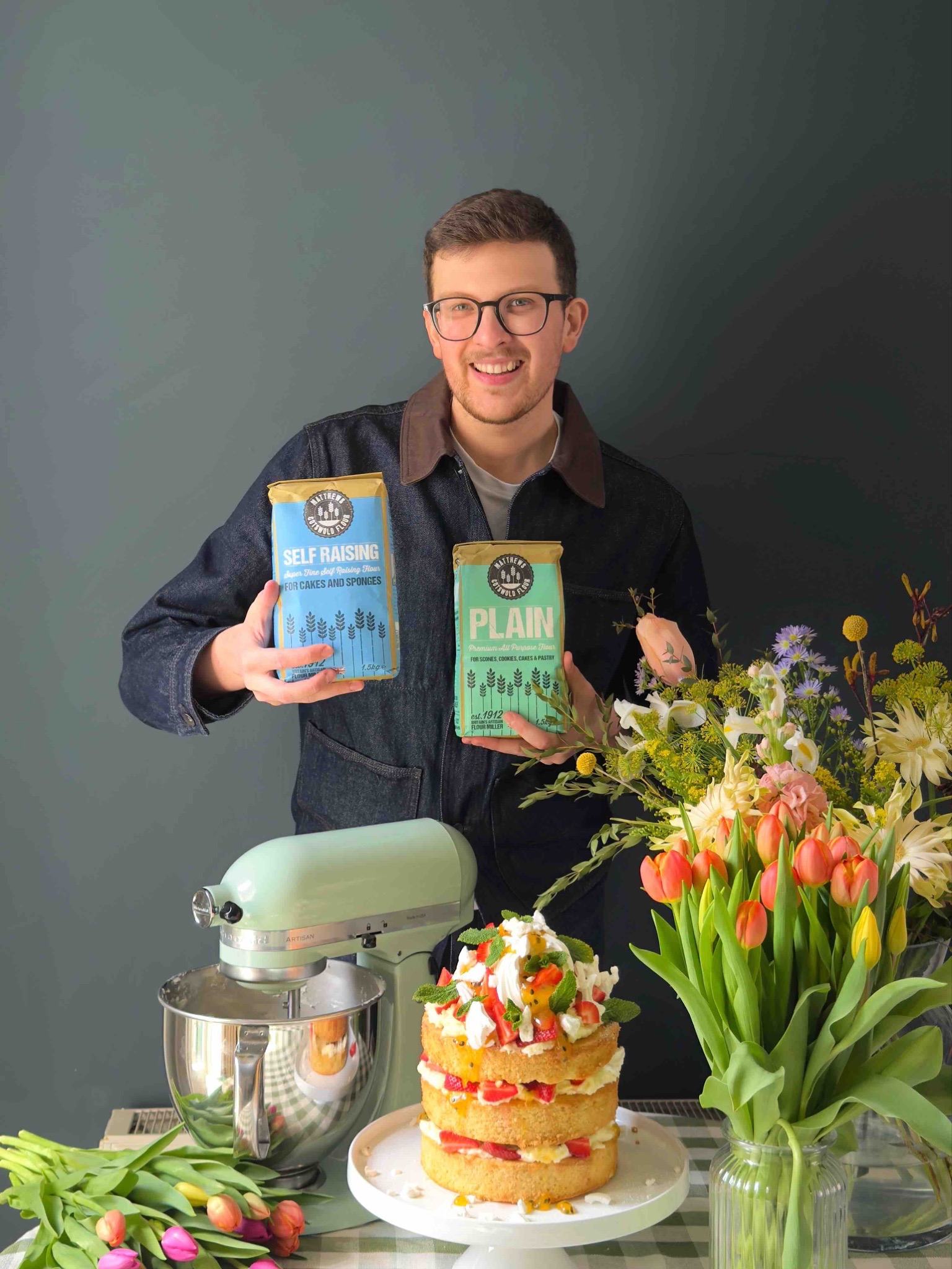 Former GBBO contestant Rowan Claughton photographed with Matthews Cotswold Flour, as its new baking brand ambassador