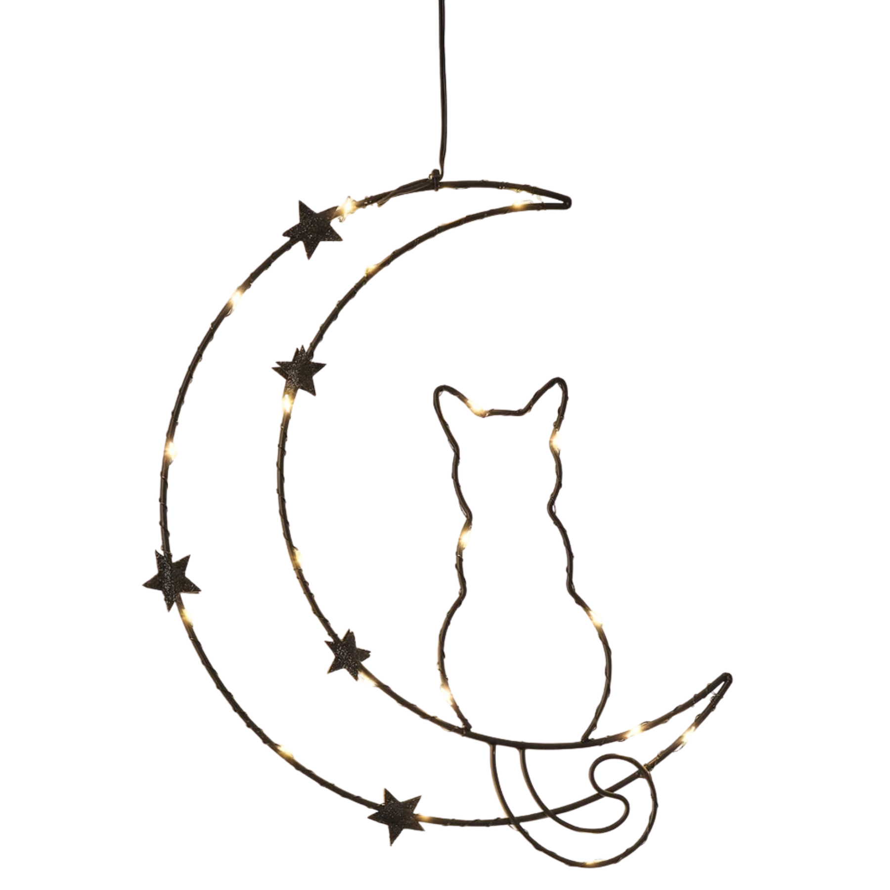 a black metal outline of a cat sat on a half moon with stars and lights
