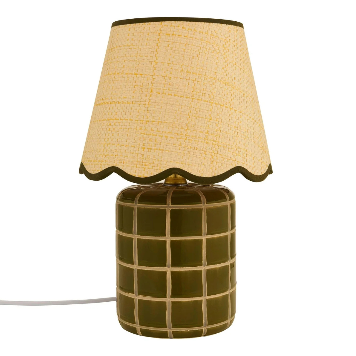 oliver green checkered ceramic lamp with a beige scalloped shade