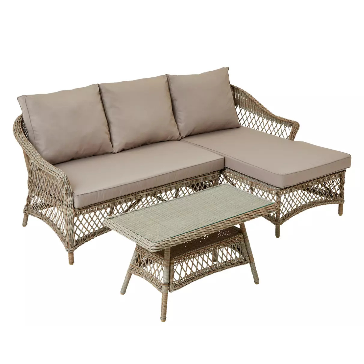 a rattan outdoor sofa set with a matching coffee table