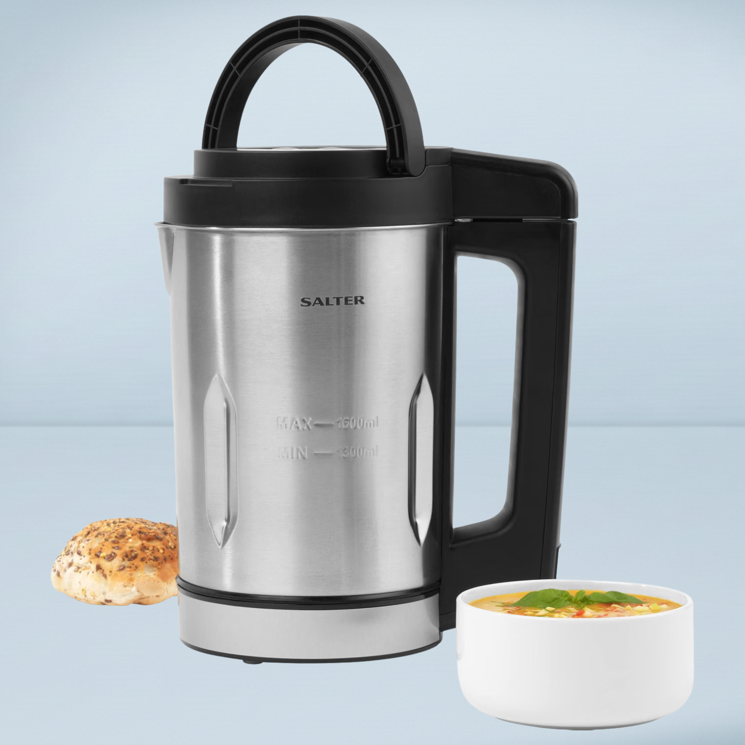 salter soup maker with a white bowl of soup and a bread roll