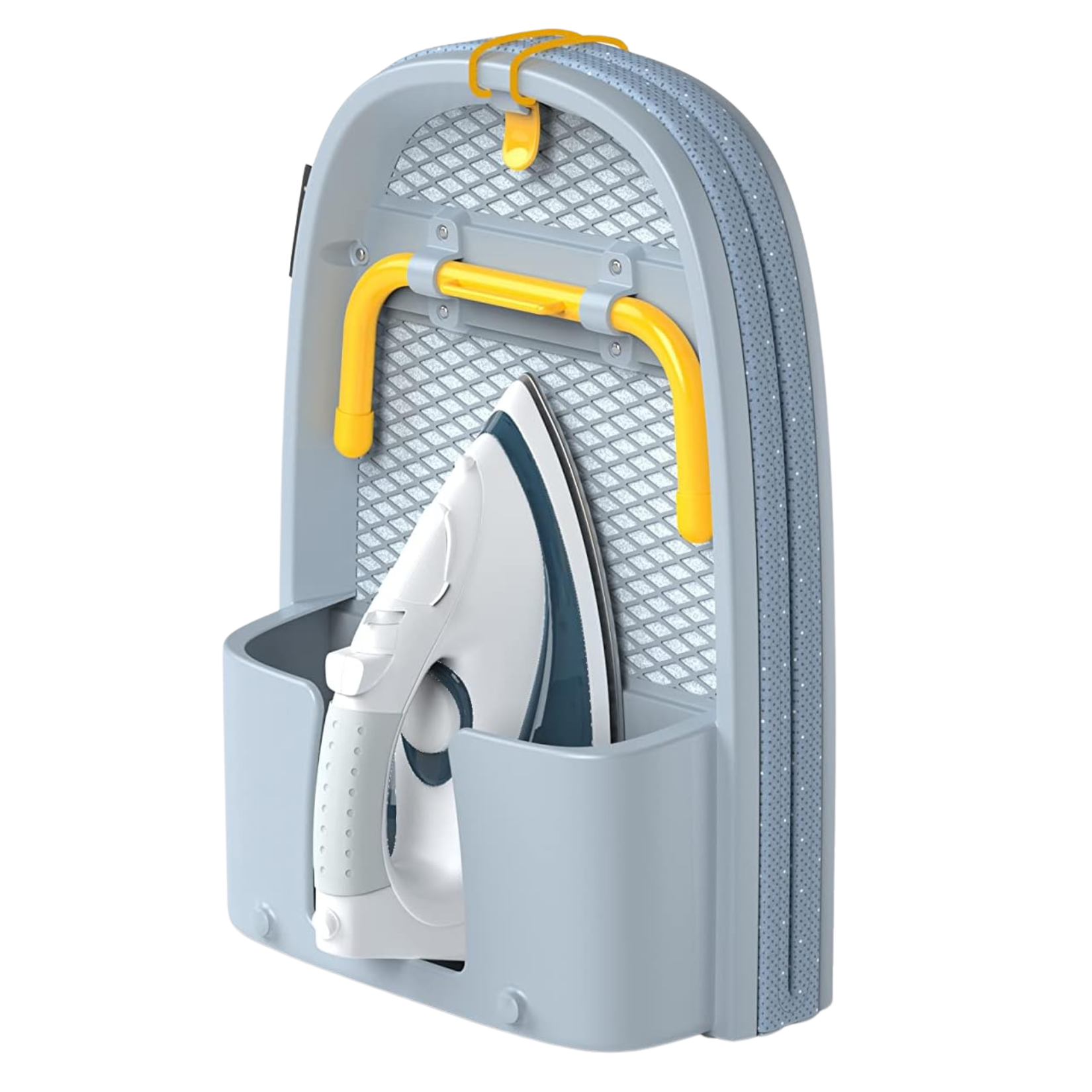 a pale blue joseph joseph folding ironing board with a white iron inside