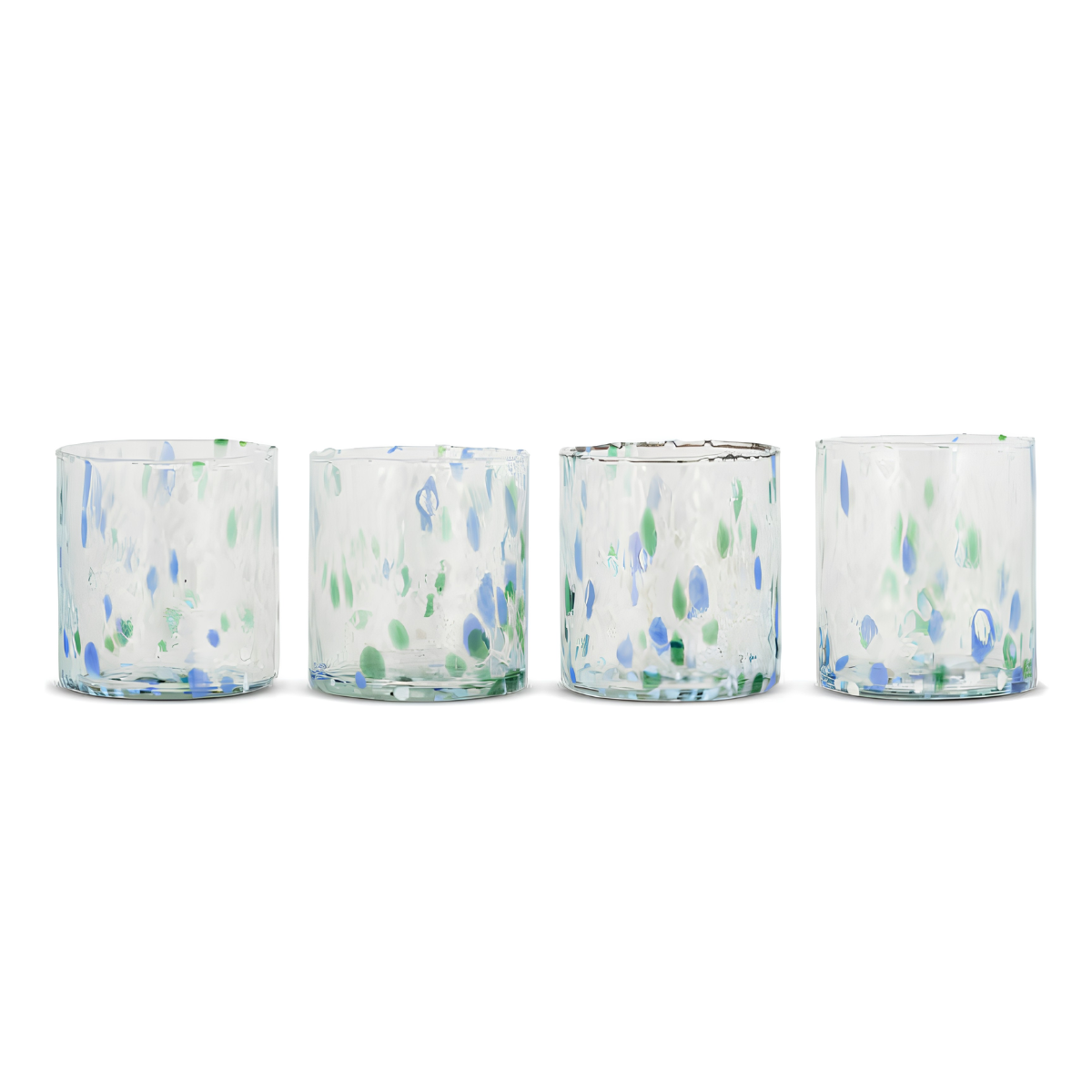 a set of 4 tumblers with green and blue speckles