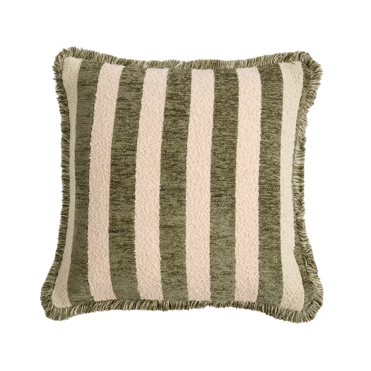 cream and olive green chenille stripe cushion