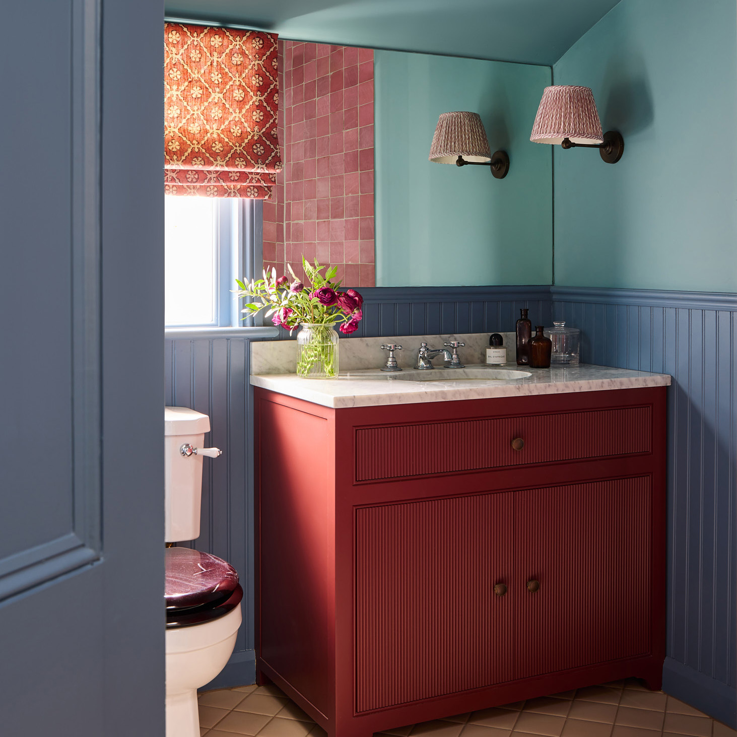 blue and red bathroom