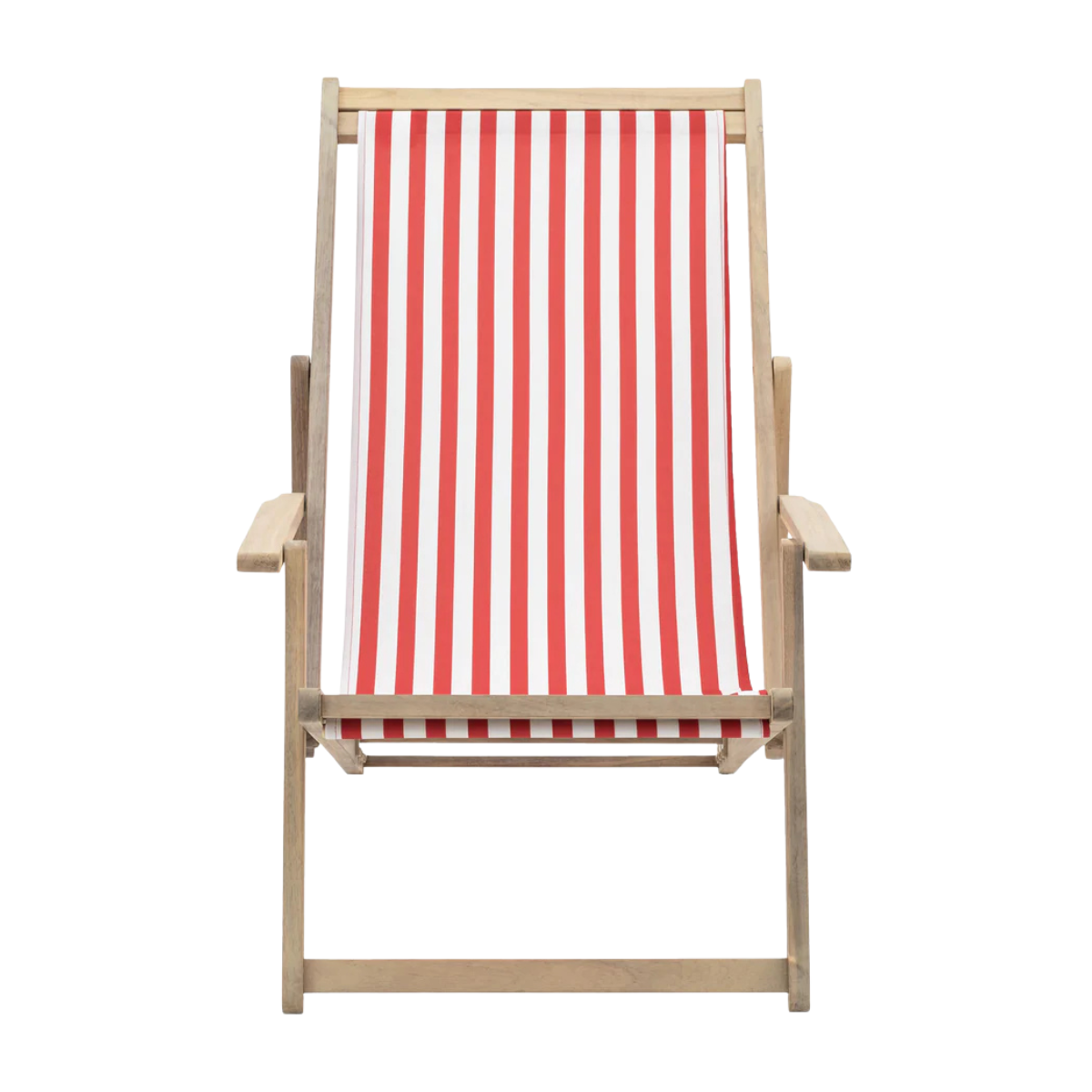 a red and white stripe deckchair with a light wood frame