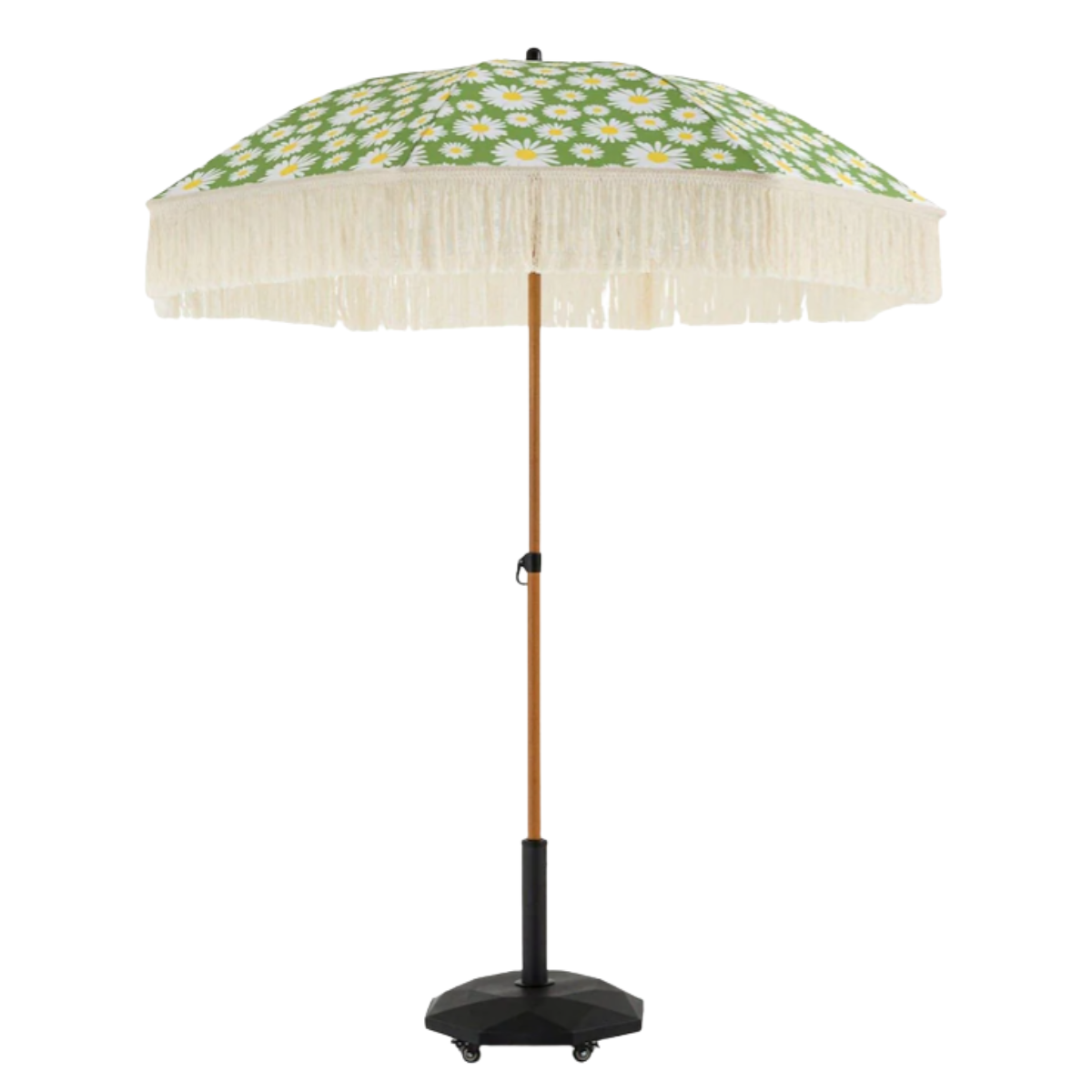 a green parasol with white daisy pattern and fringes
