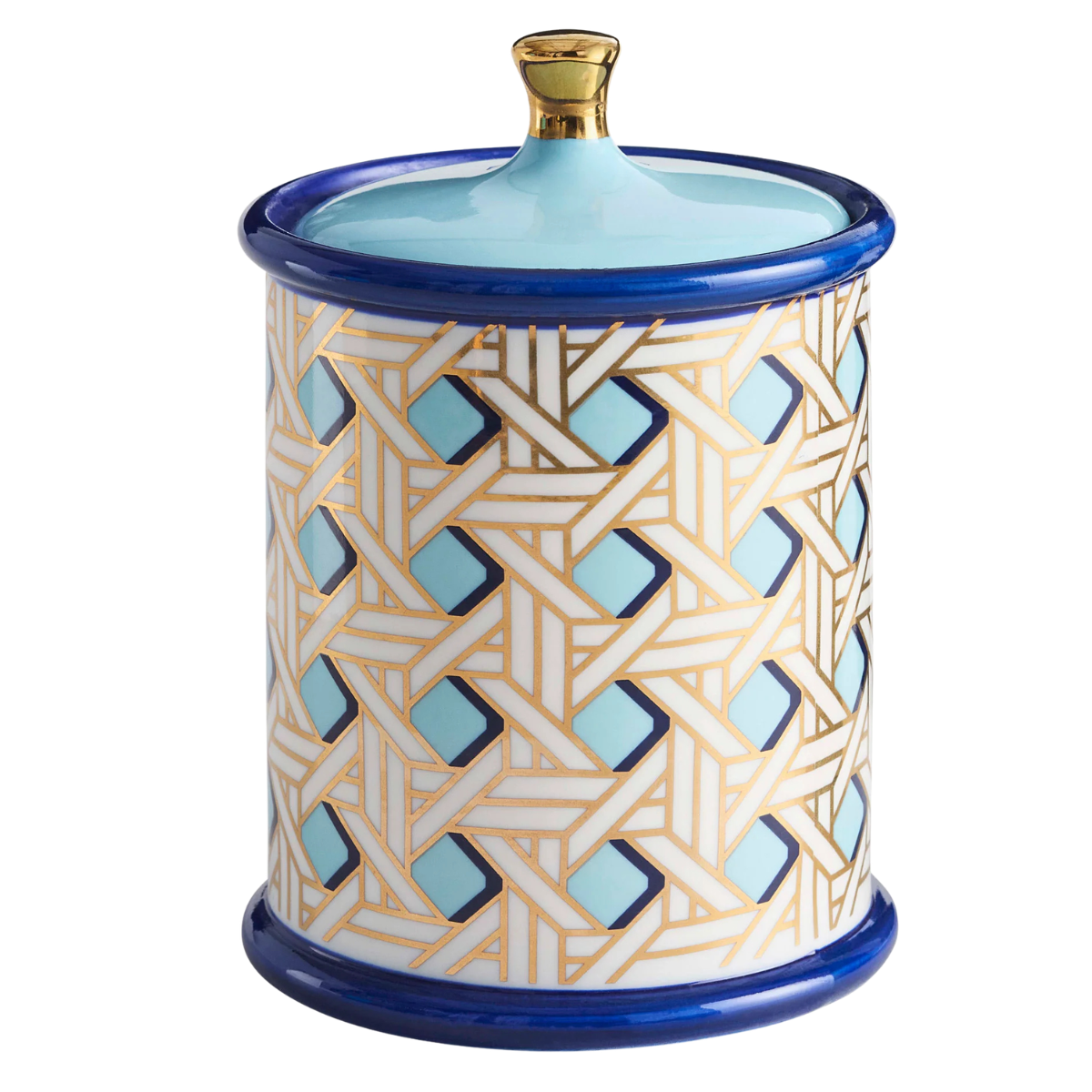 a ceramic candle with a lid in a gold and blue geometric pattern