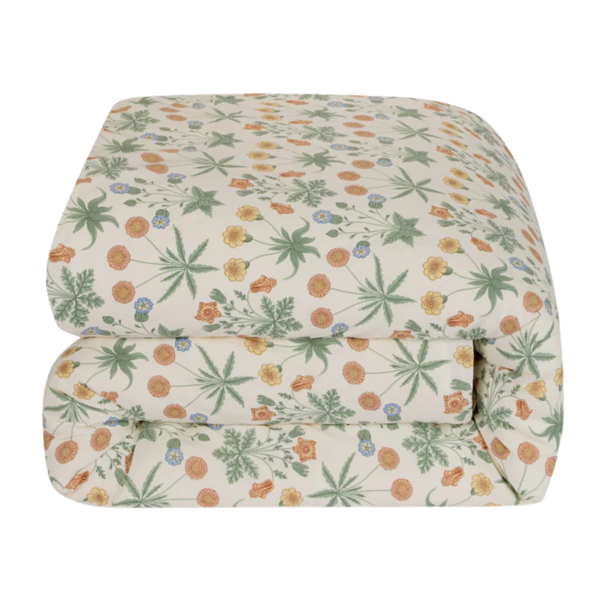 a folded duvet with a cream, sage green, yellow and orange botanical pattern