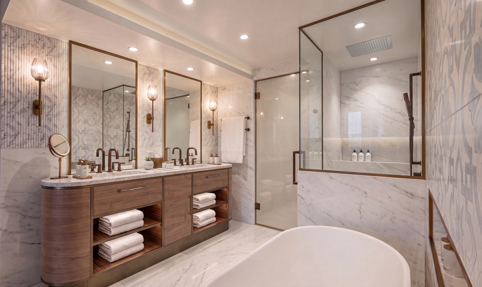 Modern luxury bathroom with a double-sink wooden vanity, dual illuminated mirrors, marble-tiled walls, a freestanding white bathtub, and a glass-enclosed walk-in shower