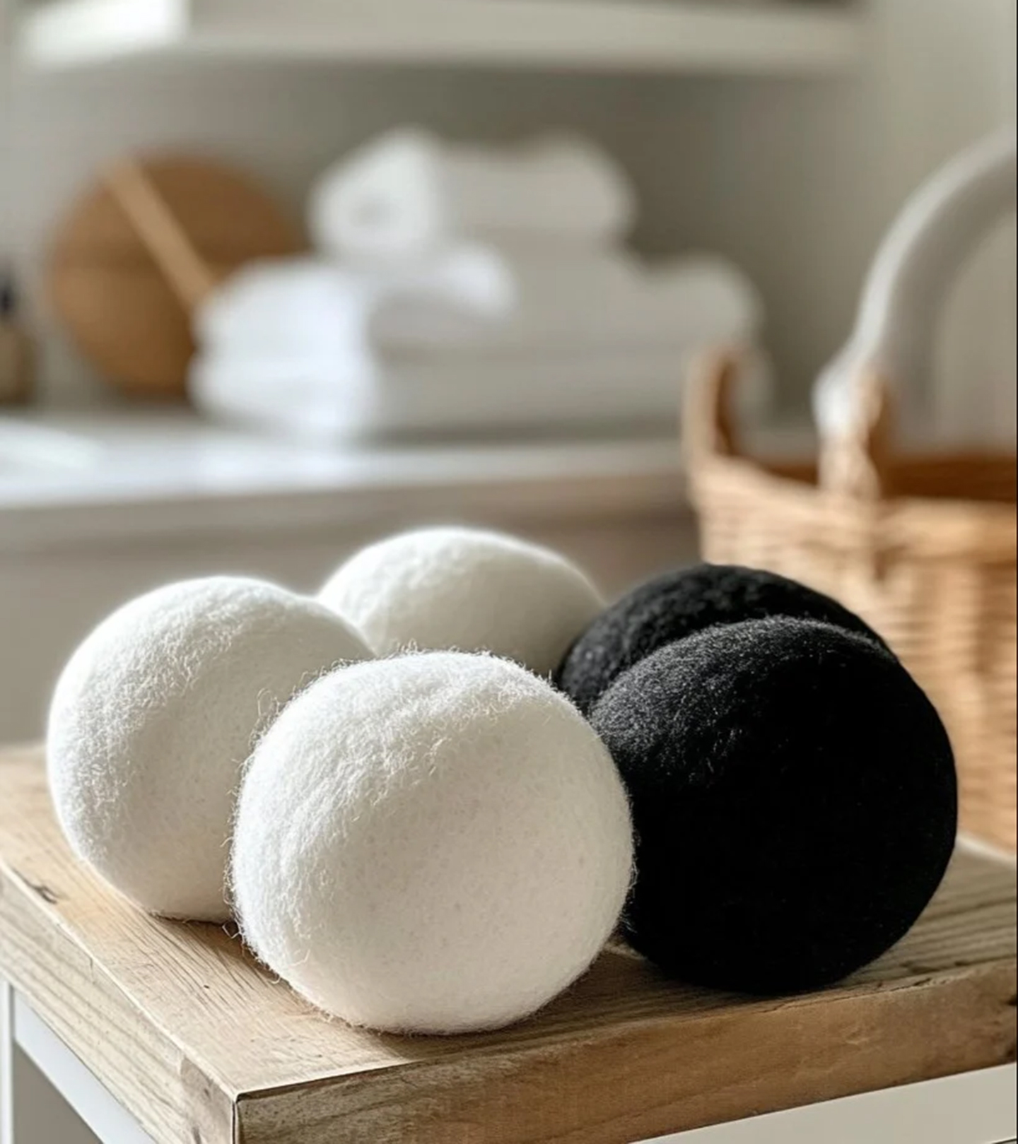 4 laundry dryer balls on a wooden table