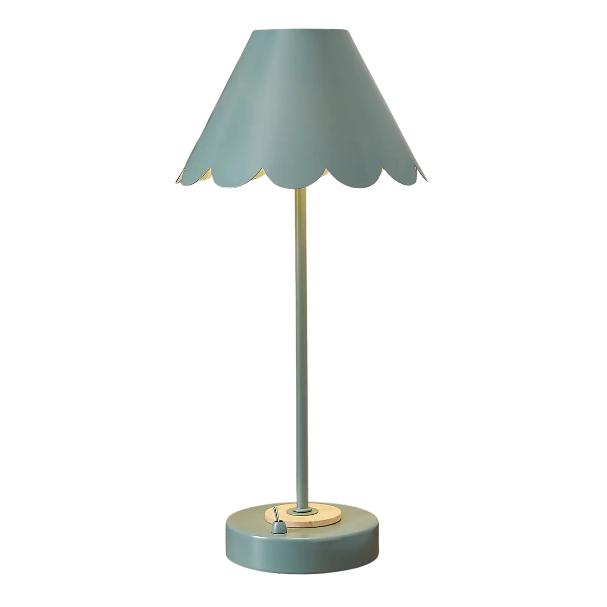 a sage green wireless lamp with a scalloped shade