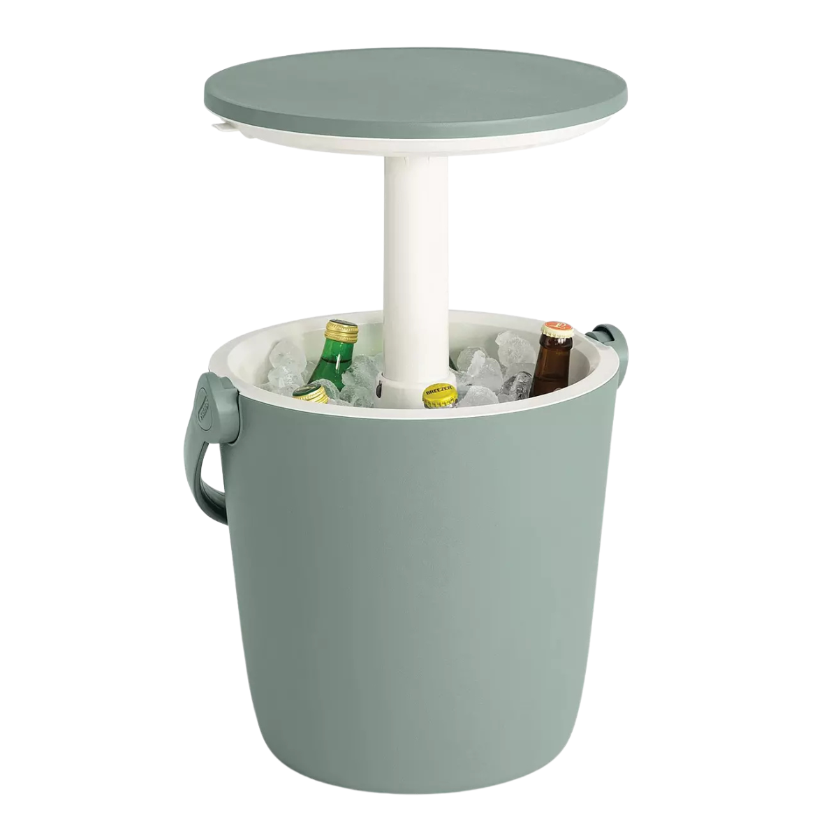 a sage green portable bar table with ice and bottles inside