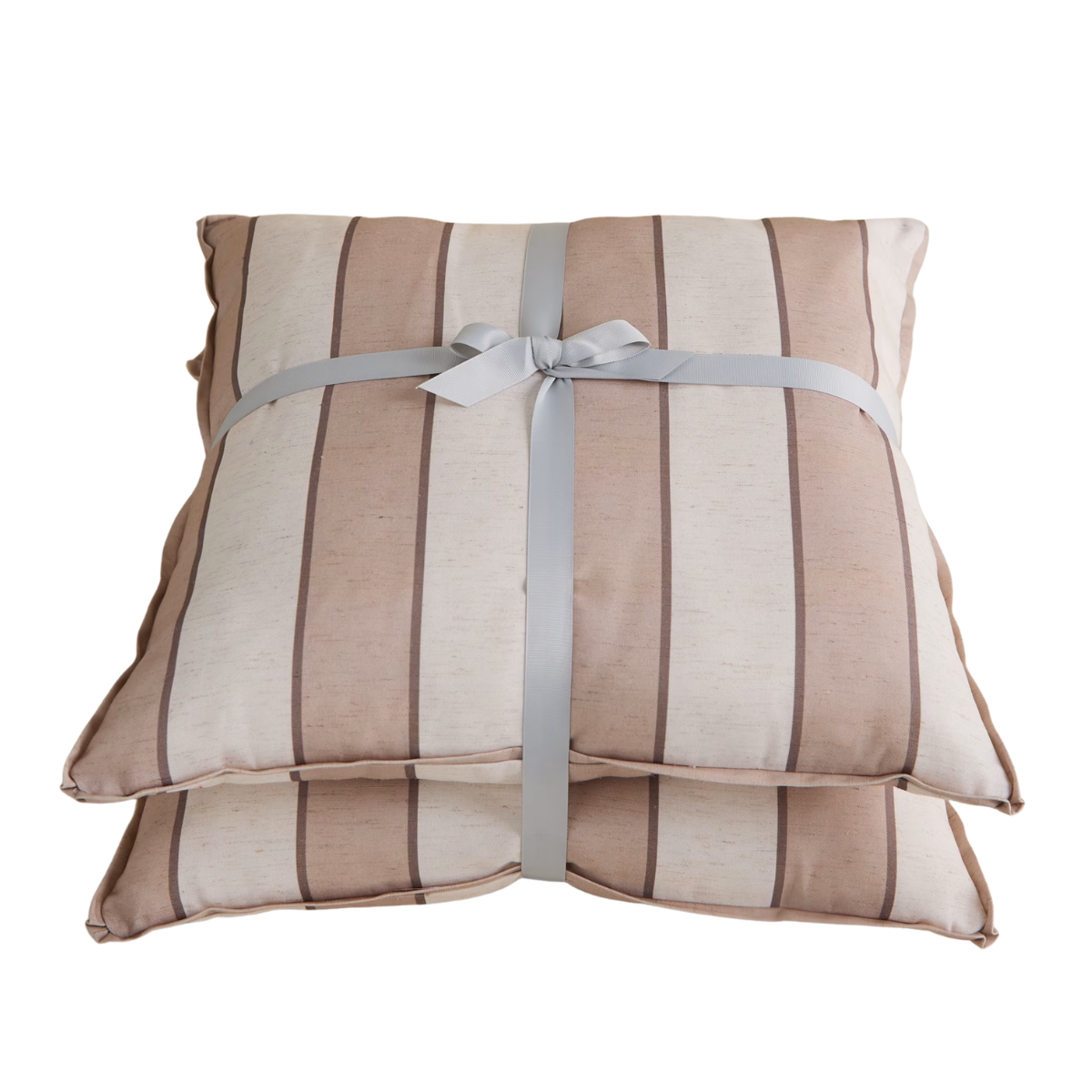 set of 2 beige and white stripe outdoor cushions on top of each other