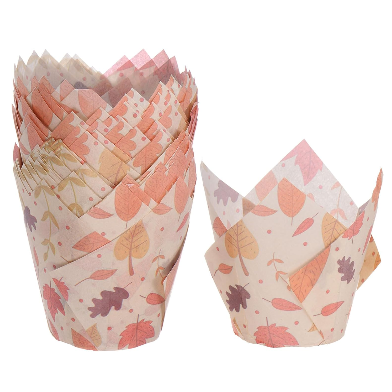 Stack of tulip-style paper muffin liners featuring a pattern of autumn leaves in shades of orange, brown, and red