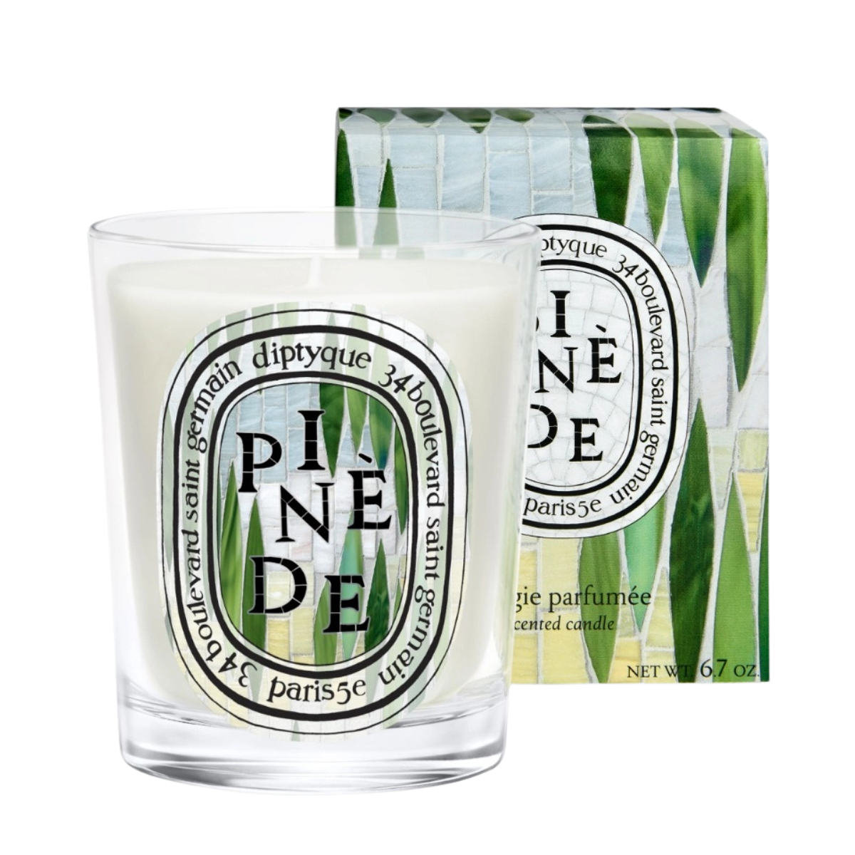 a diptyque candle with a green and pale blue mosaic sticker and box