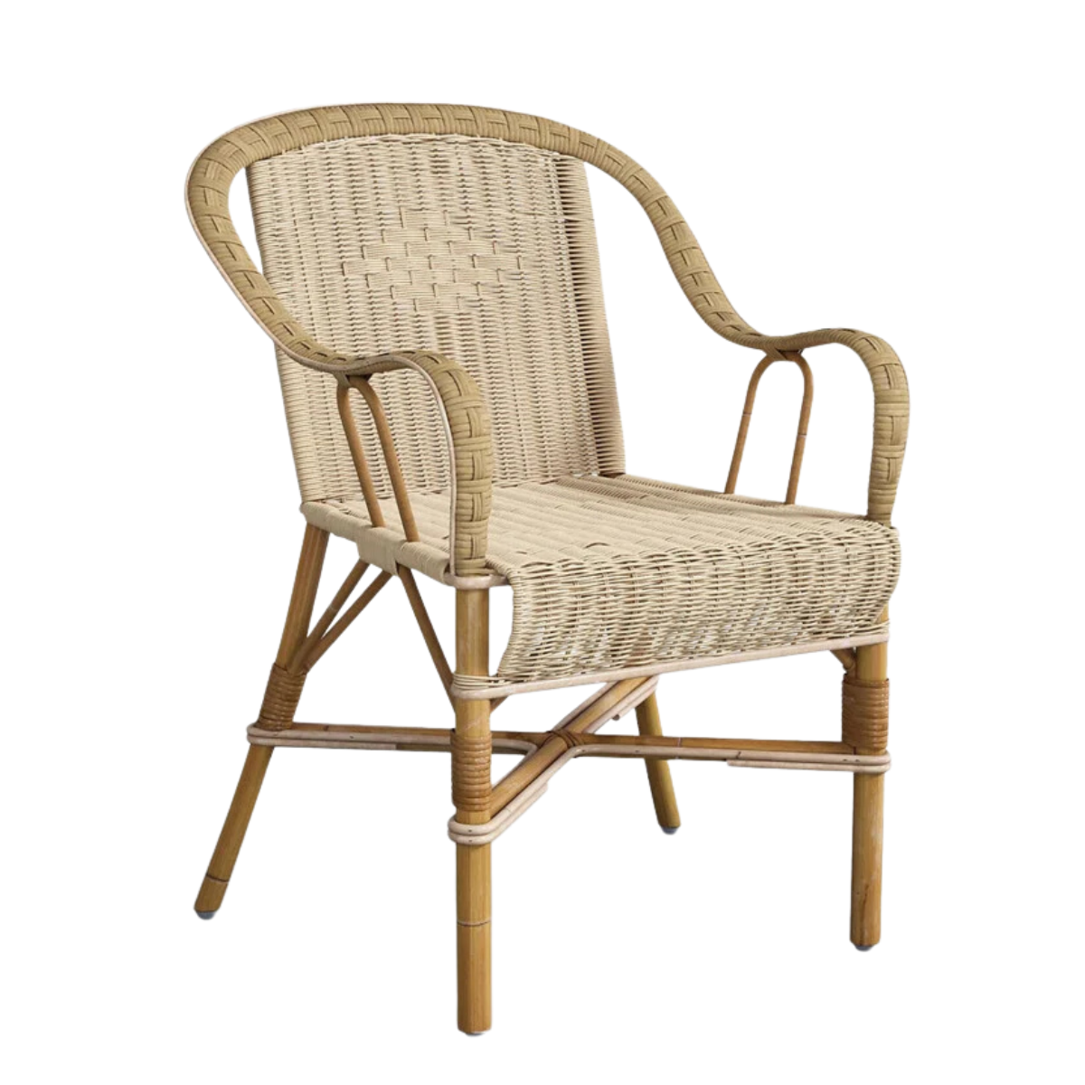 a pale brown rattan armchair
