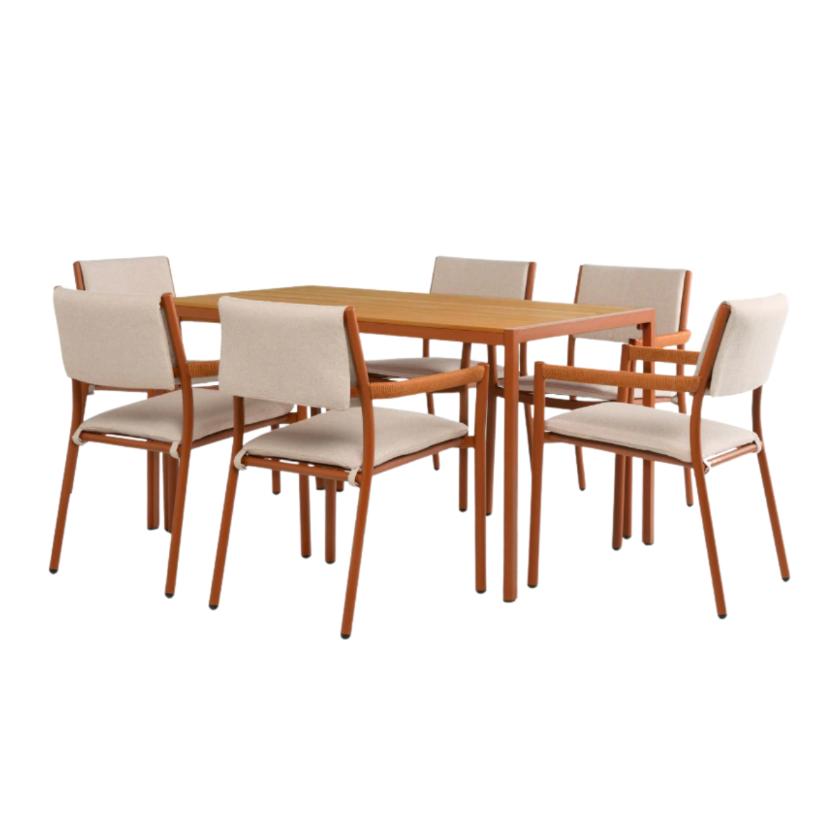 an outdoor lounge set with 6 tables with orange arms and legs and cream seat pads and a table with orange legs and a wooden table top