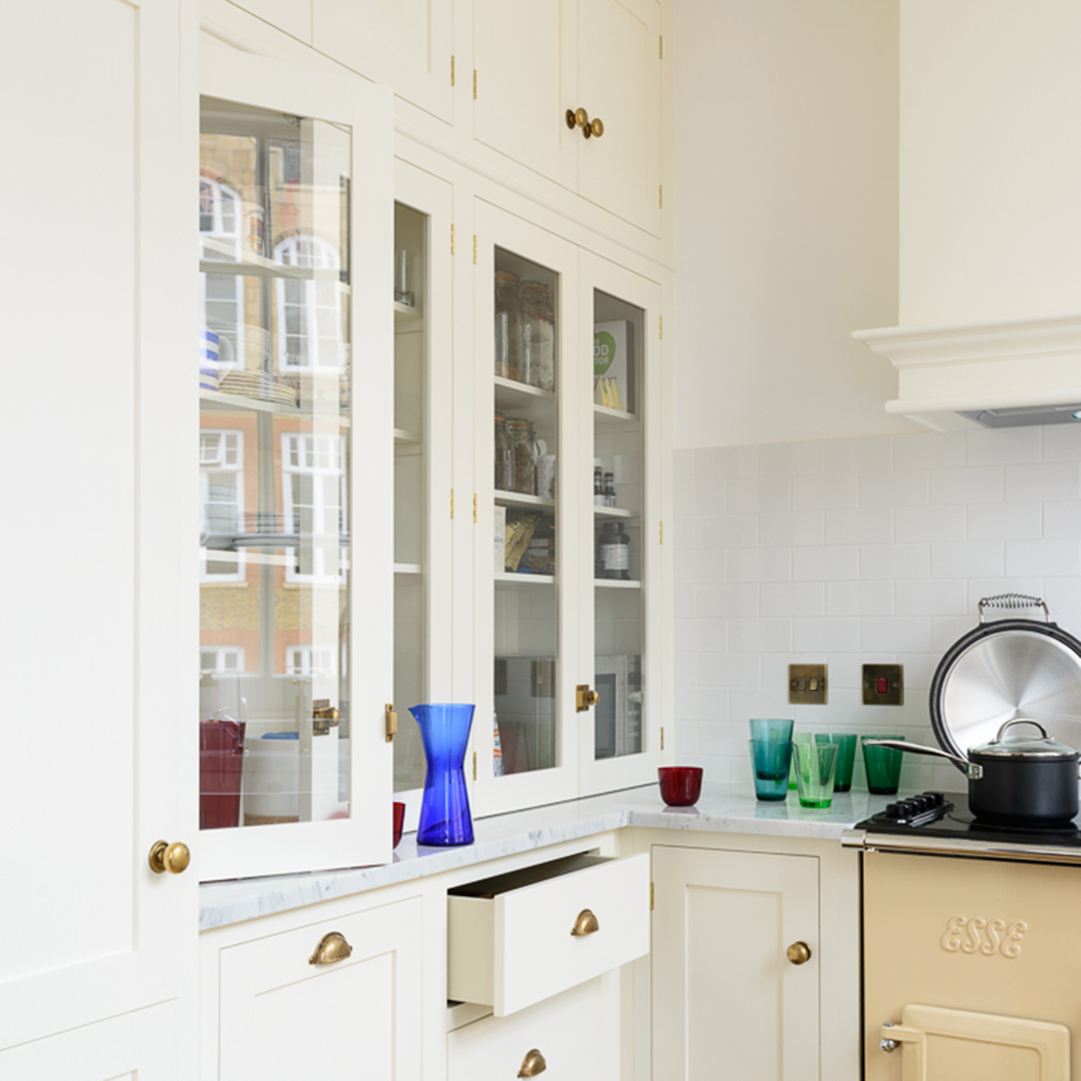 devol green tile kitchen with open shelves