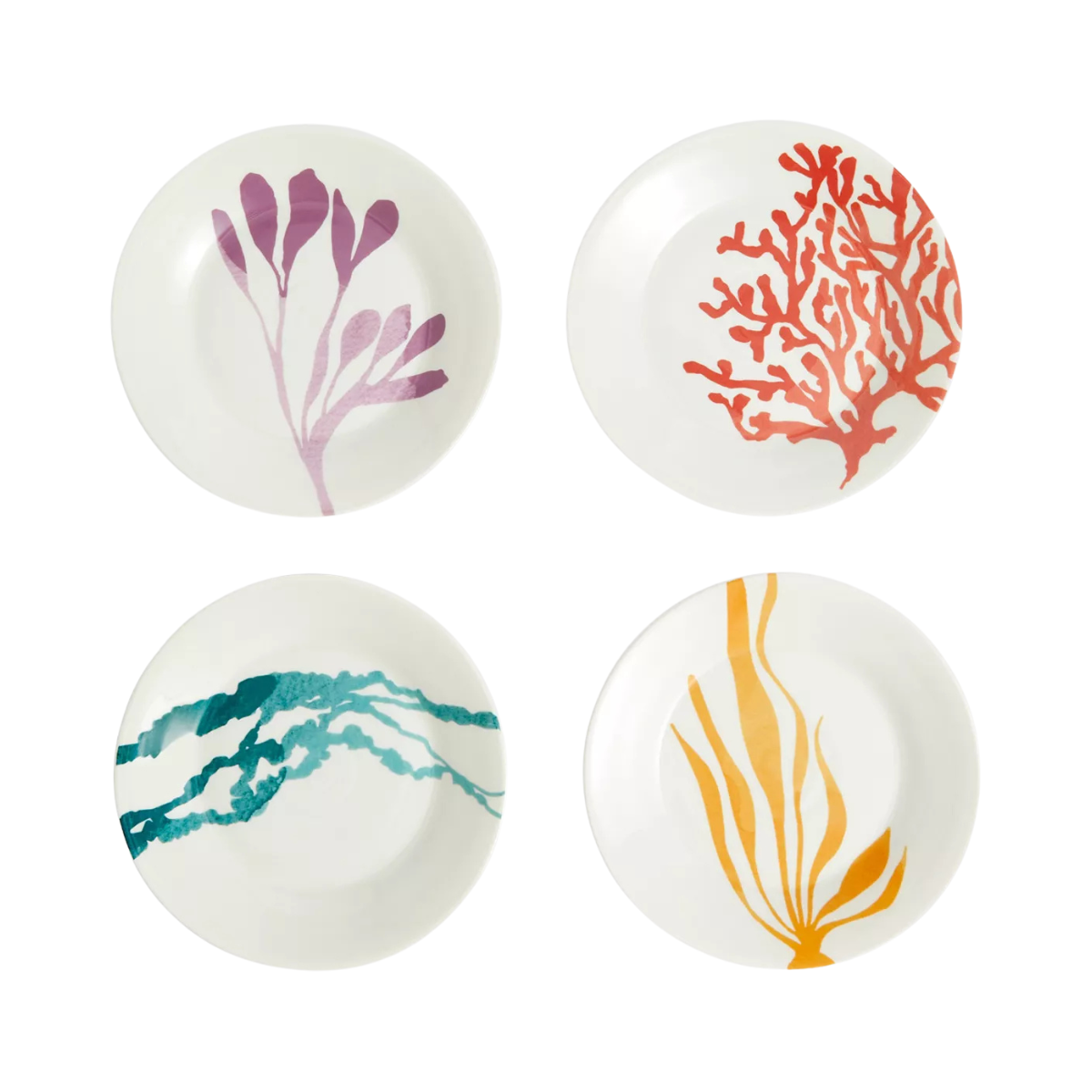 set of 4 colourful plates with coral patterns