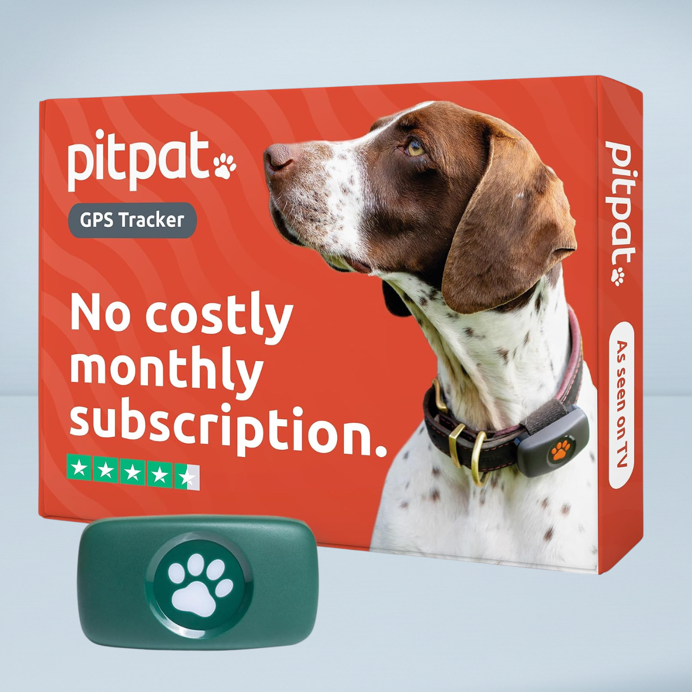 pitpat dog tracker in green infront of the orange packaging box with a pointer dog on the front