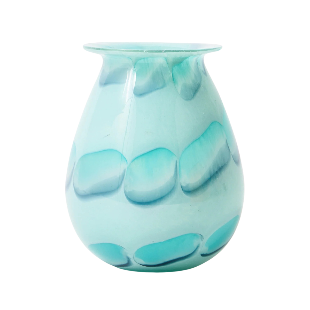 a turquoise vase with an abstract spotty pattern