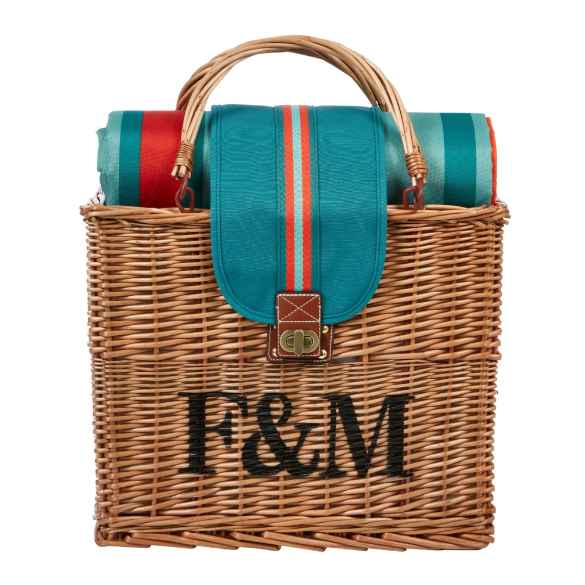 a small square fortnum and mason picnic basket with a turquoise and orange stripe blanket inside