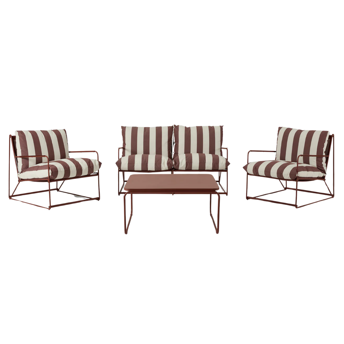 an outdoor furniture set with 2 armchairs and 1 2 seater sofa with white and brown stripe seat pads and a brown coffee table