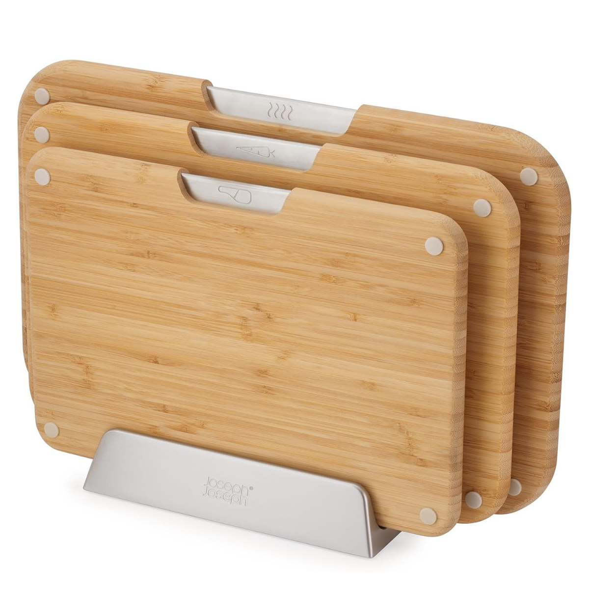 set of 3 bamboo wood chopping boards on a metal stand