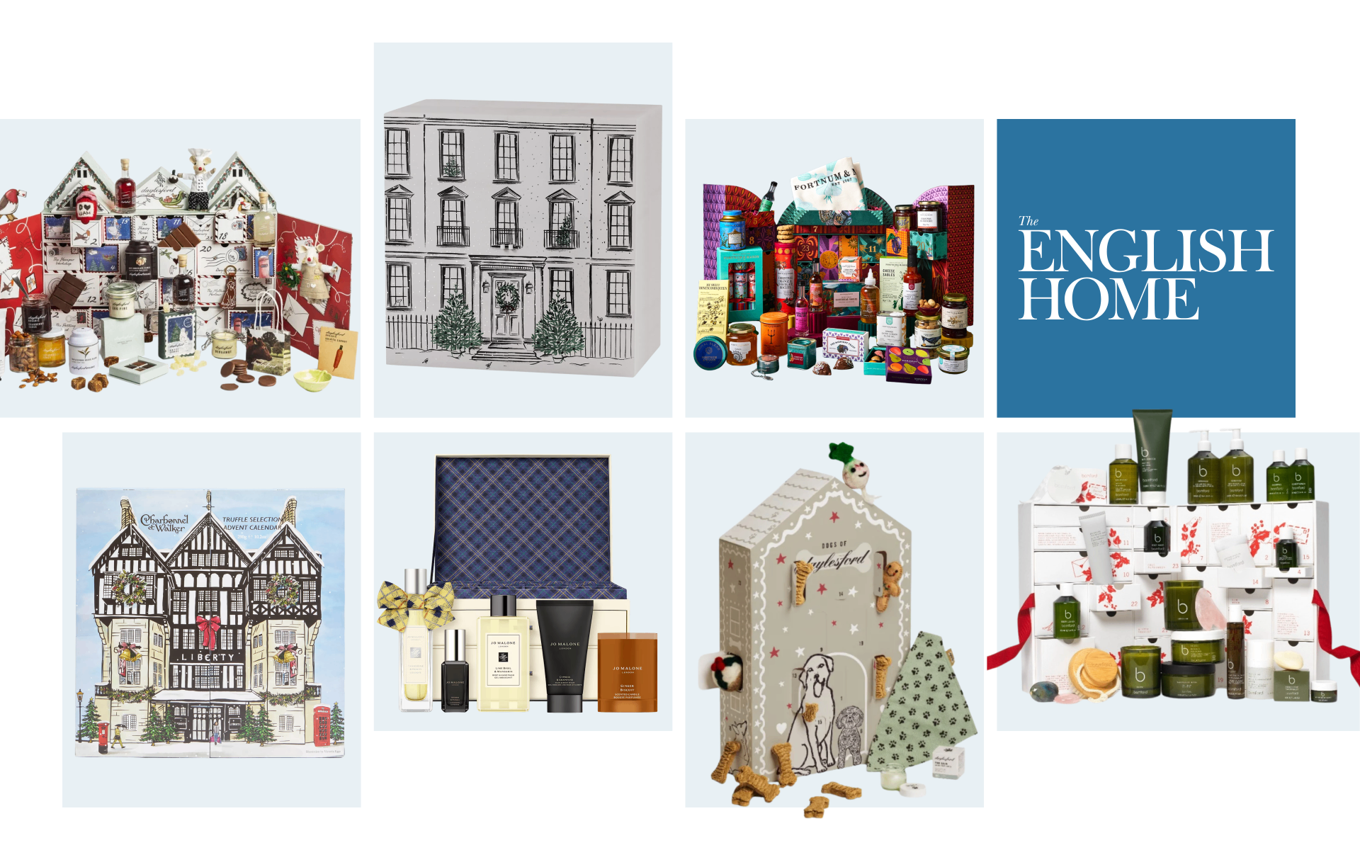 A photo collage featuring eight luxury advent calendars, including festive illustrated townhouses, gourmet food boxes, pet treat calendars, and beauty sets alongside The English Home logo
