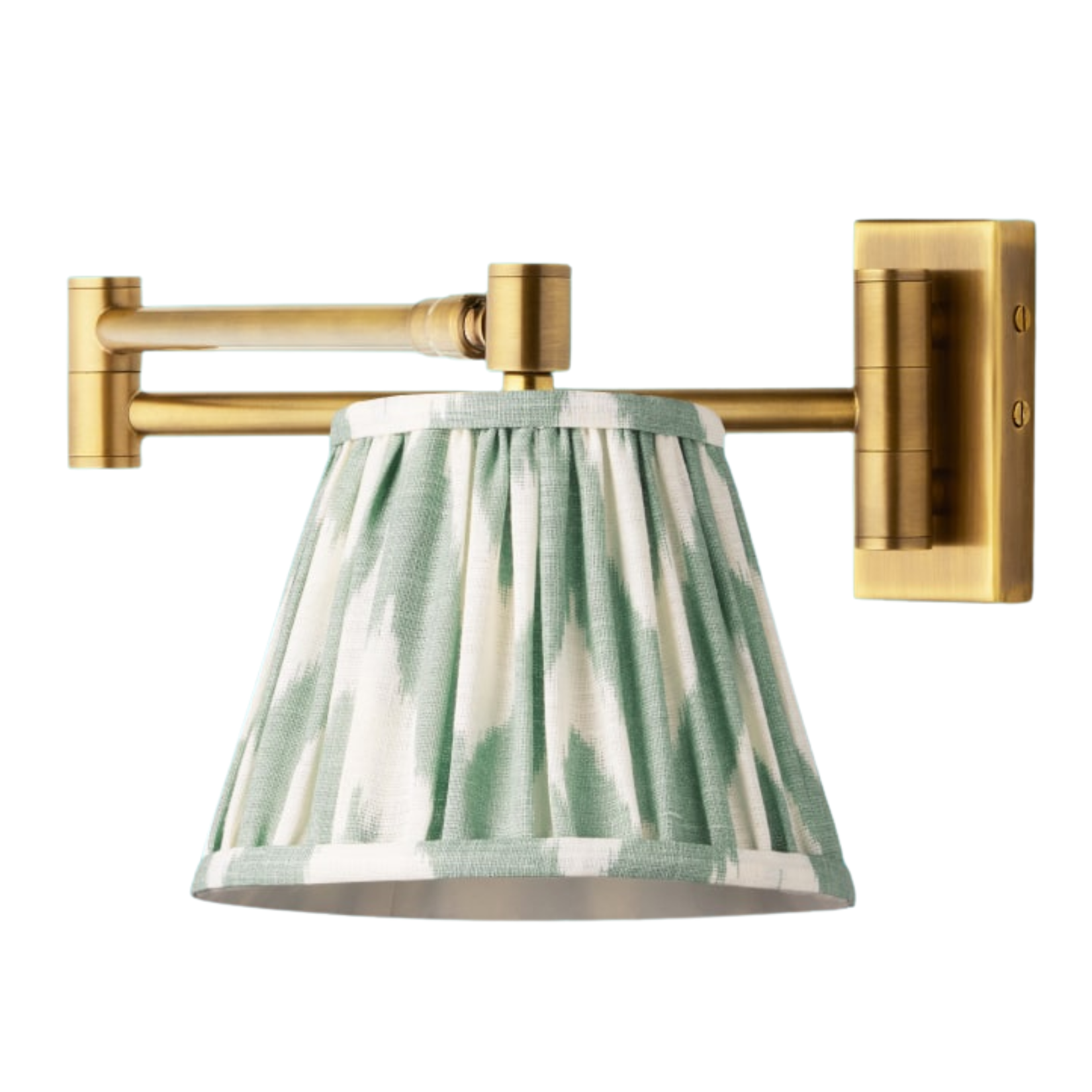 a gold wall light with a white and green ikat pleated shade