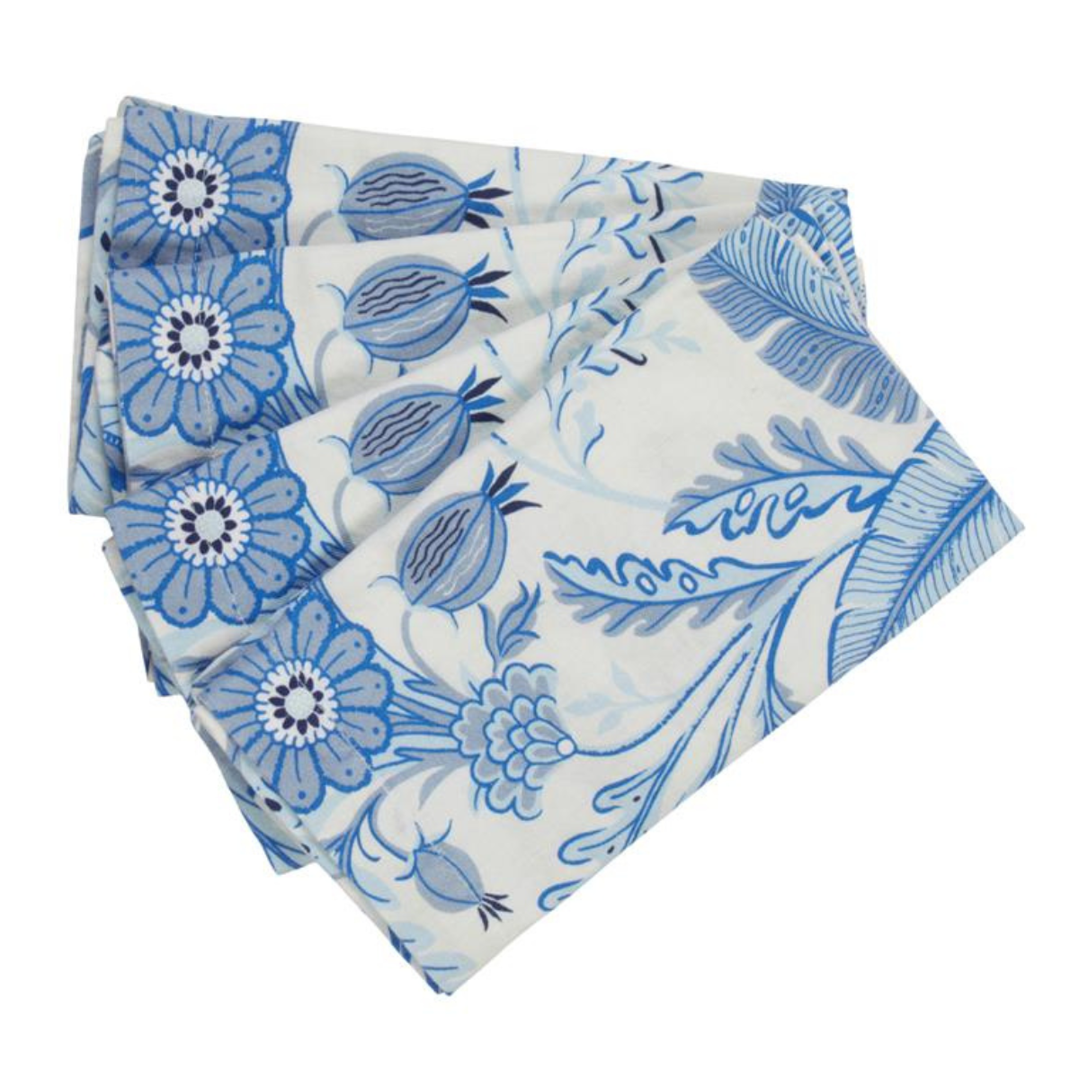4 white napkins with blue floral and botanical illustrations