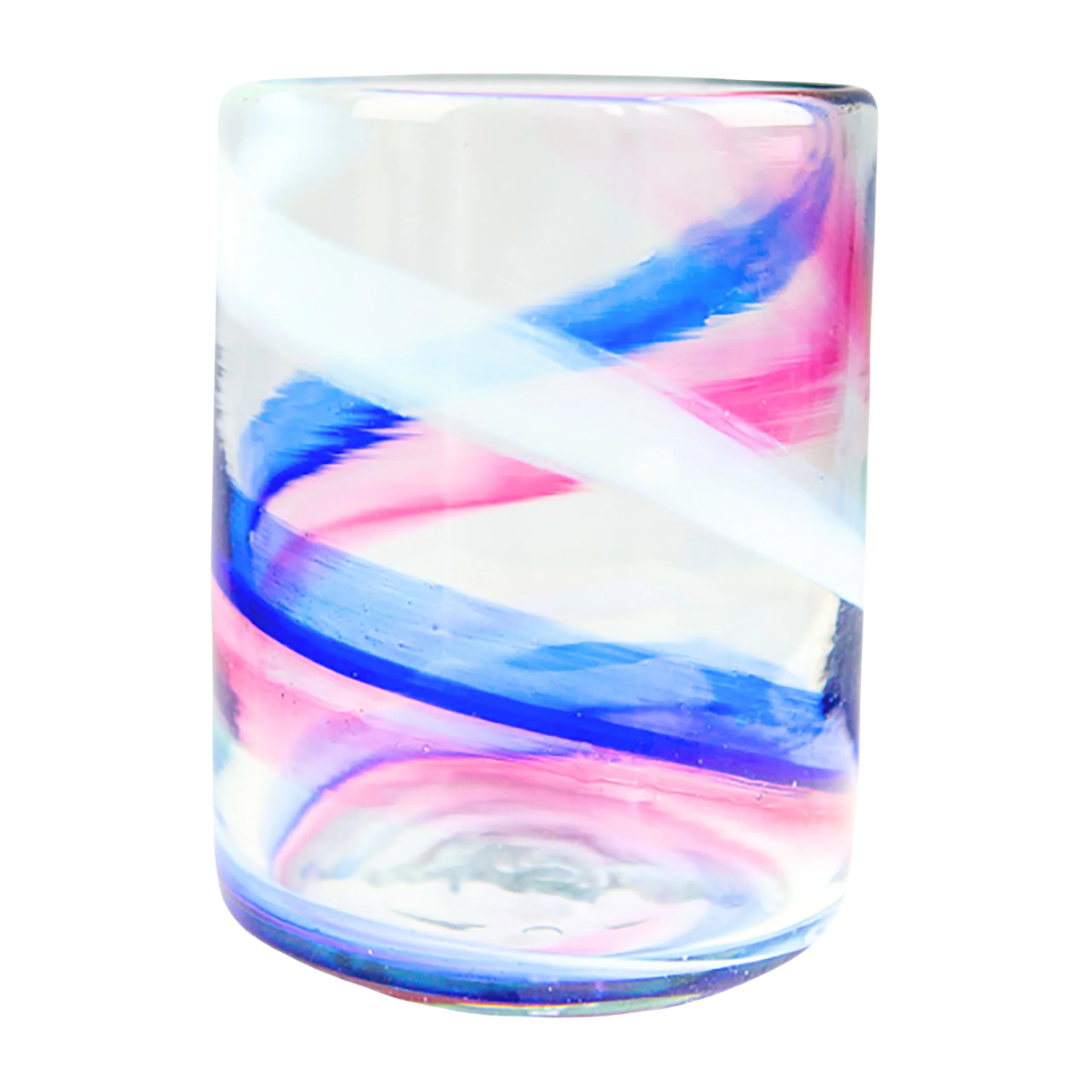a glass with white, pink and blue swirls