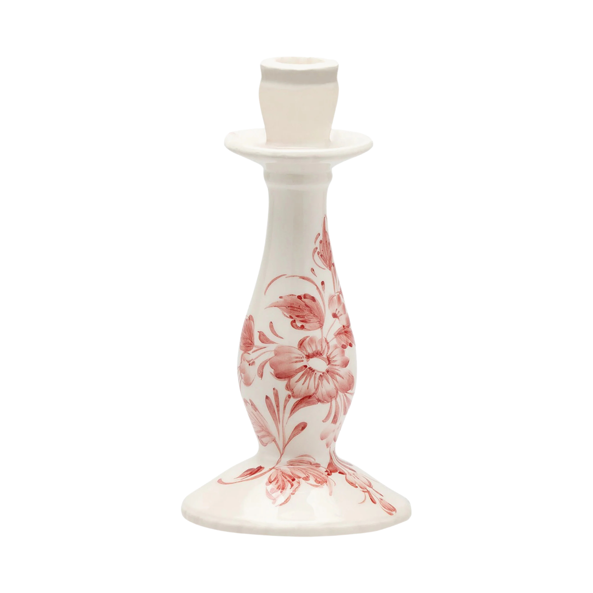 a white candle holder with a red hand painted floral illustration