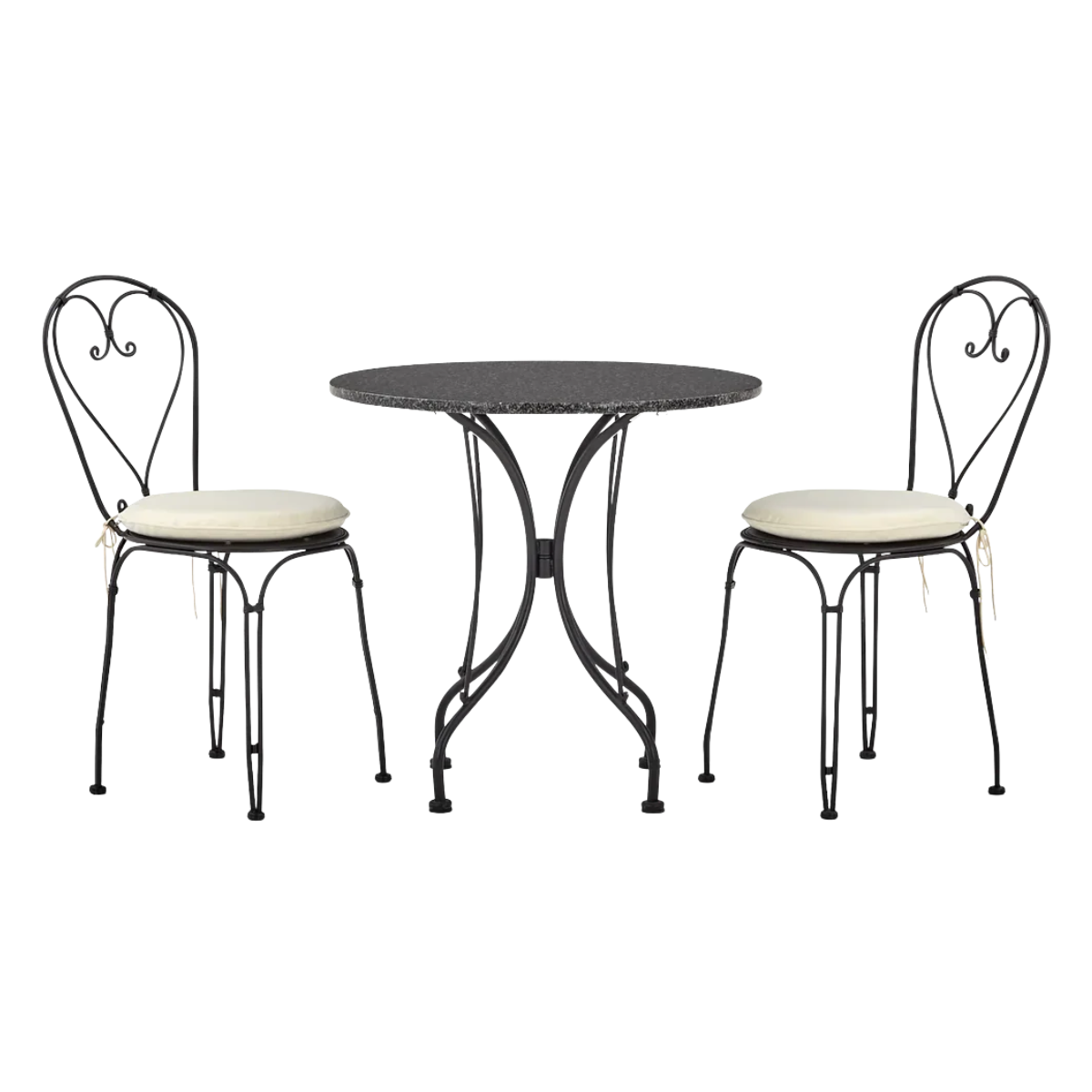 a black victorian cast iron bistro set with neutral seat pads