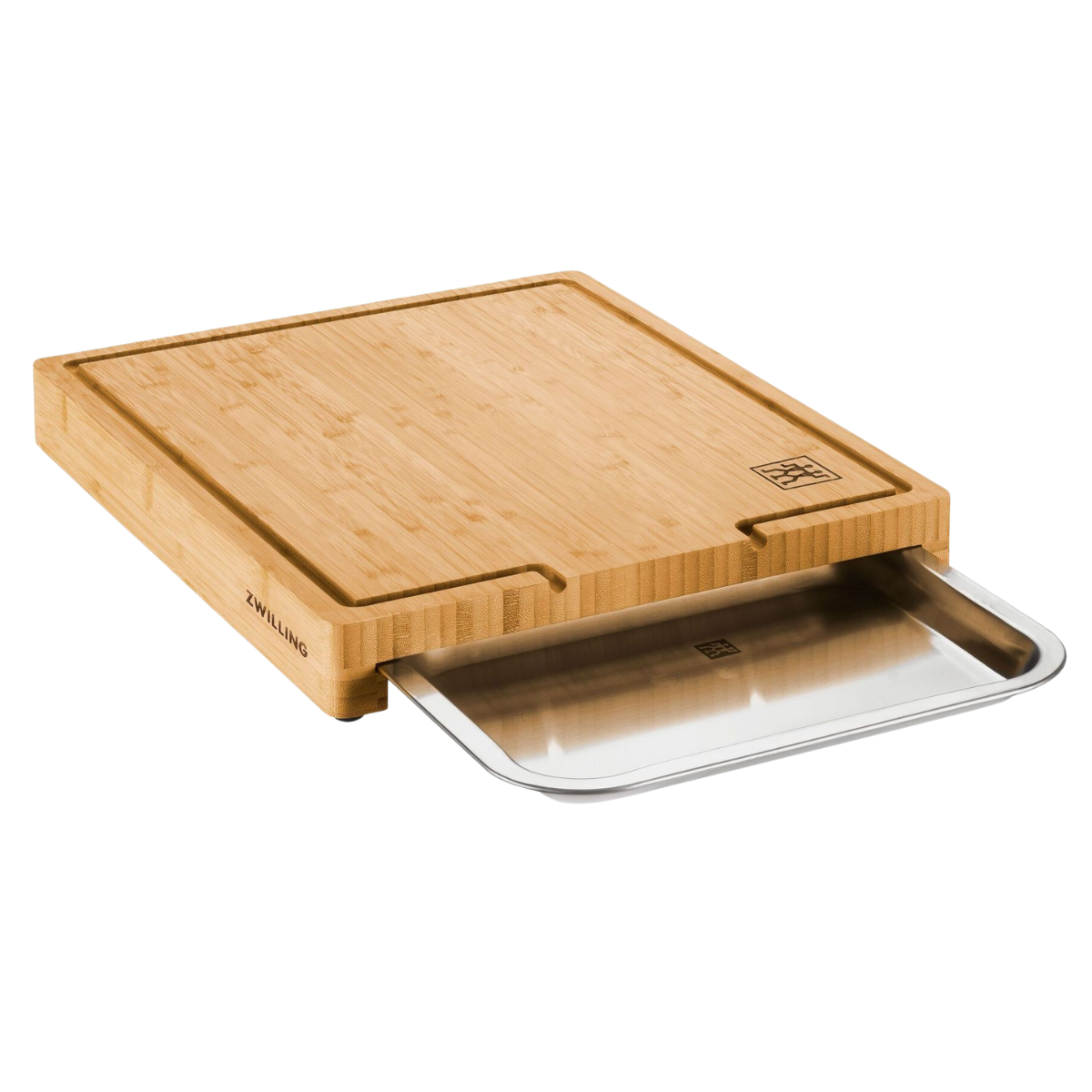 a bamboo chopping board with steel tray