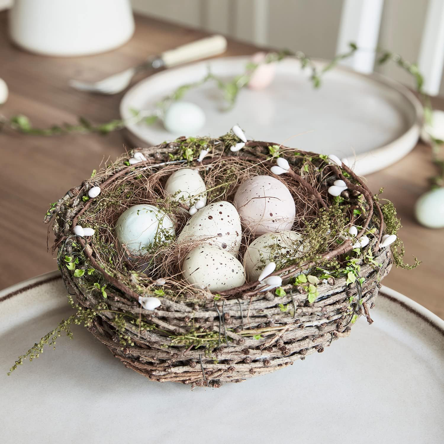 brown artificial twig nest with eggs decoration for table