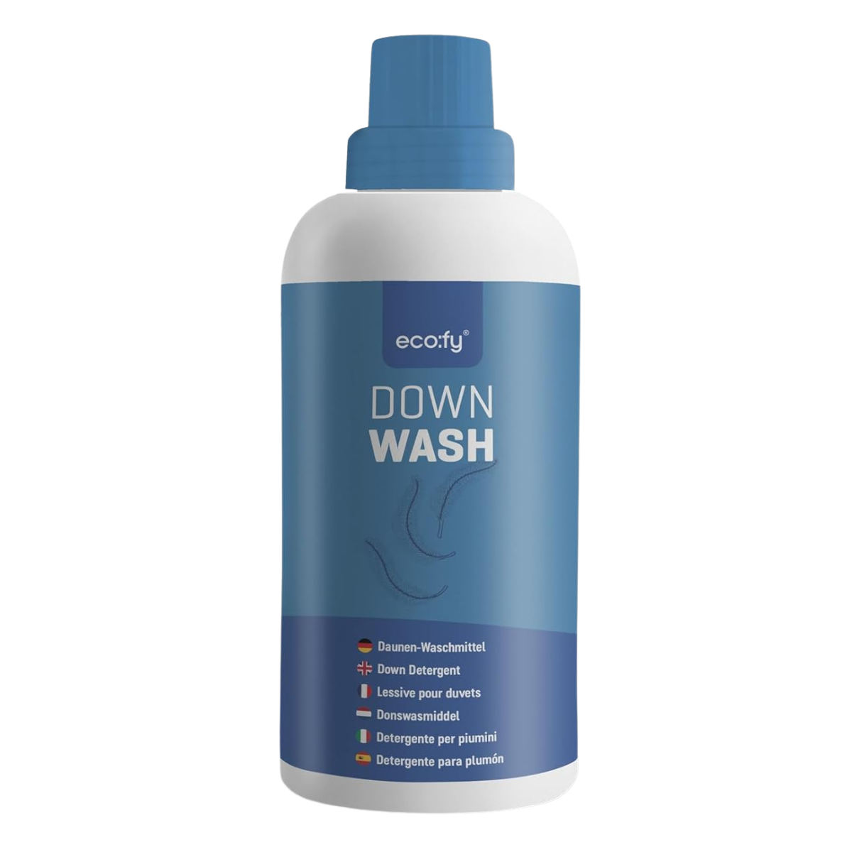 a white and blue bottle of down detergent