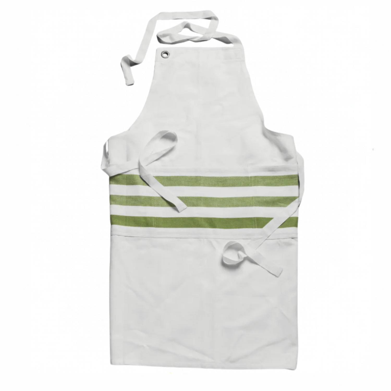 a white and green stripe apron