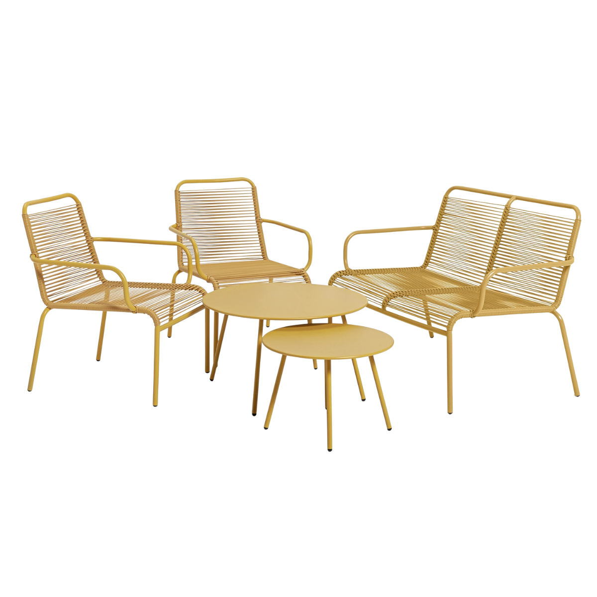 an yellow rattan effect outdoor dining set with two armchairs, a 2 seat armchair and 2 round coffee tables