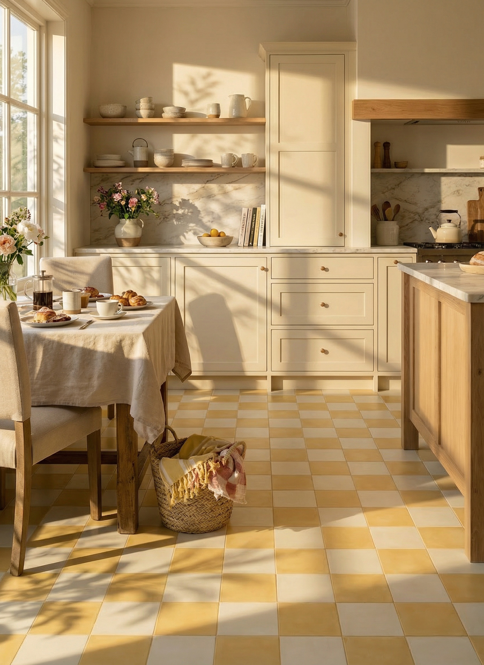 a kitchen with a white and yellow checkerboard tiled floor, wooden table and chairs, white cabinetry and open shelves on the wall