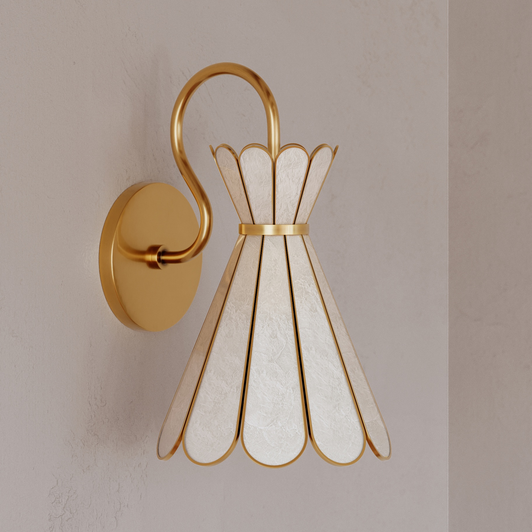 a wall sconce with a cone shaped petal effect white glass shade and gold hardware on a grey background
