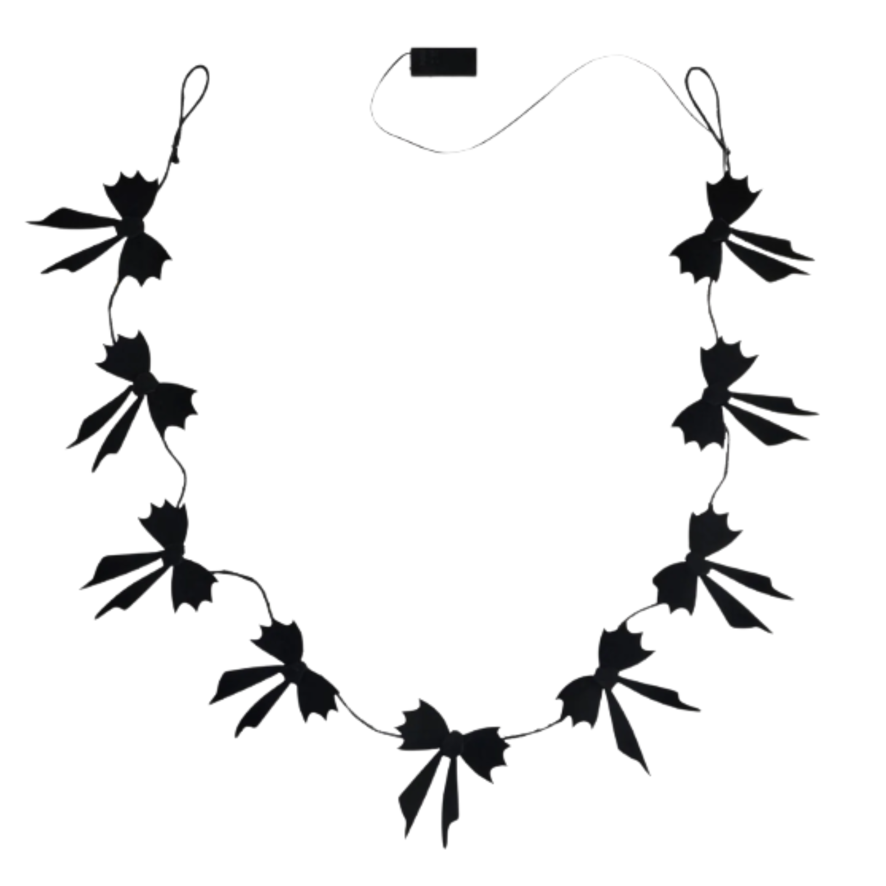 a black garland with bows in the shape of bats